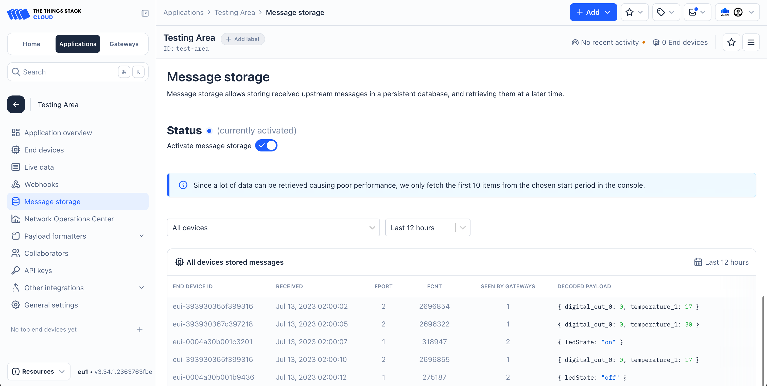 Activated Storage Integration screen