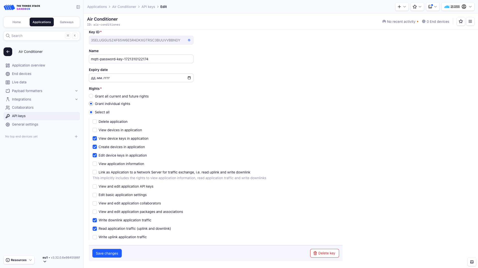 The API key permission settings on The Things Stack