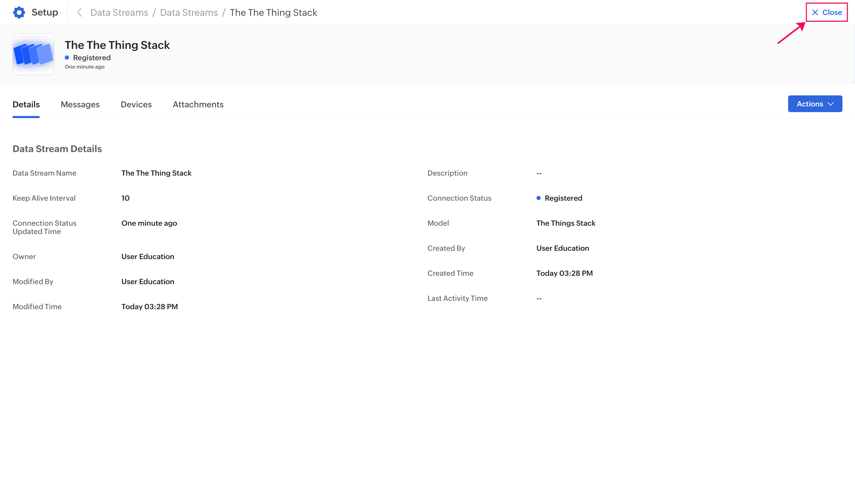 Close Data Stream Information Page