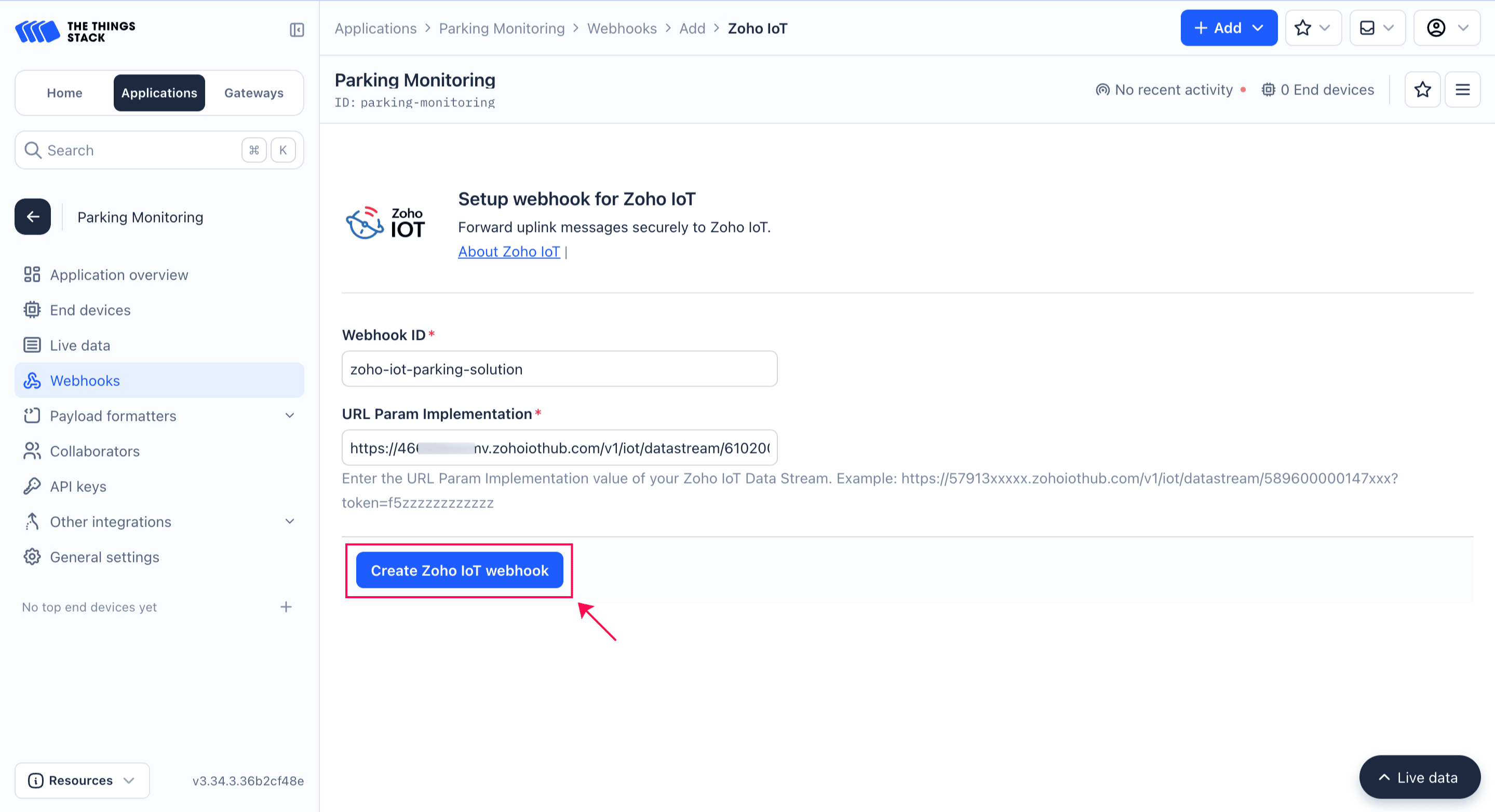 Create Zoho IoT Webhook