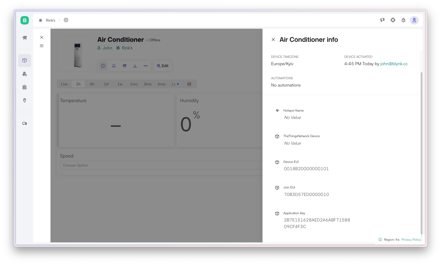 The device information page on Blynk