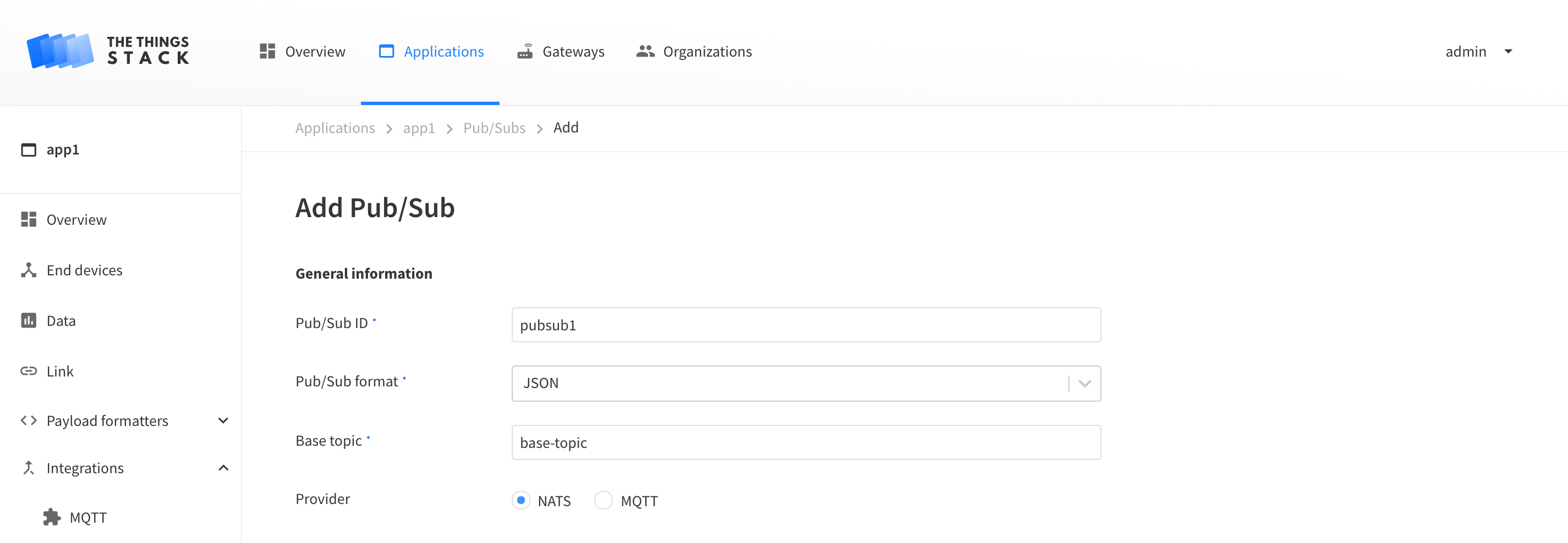 Pub/Sub creation screen