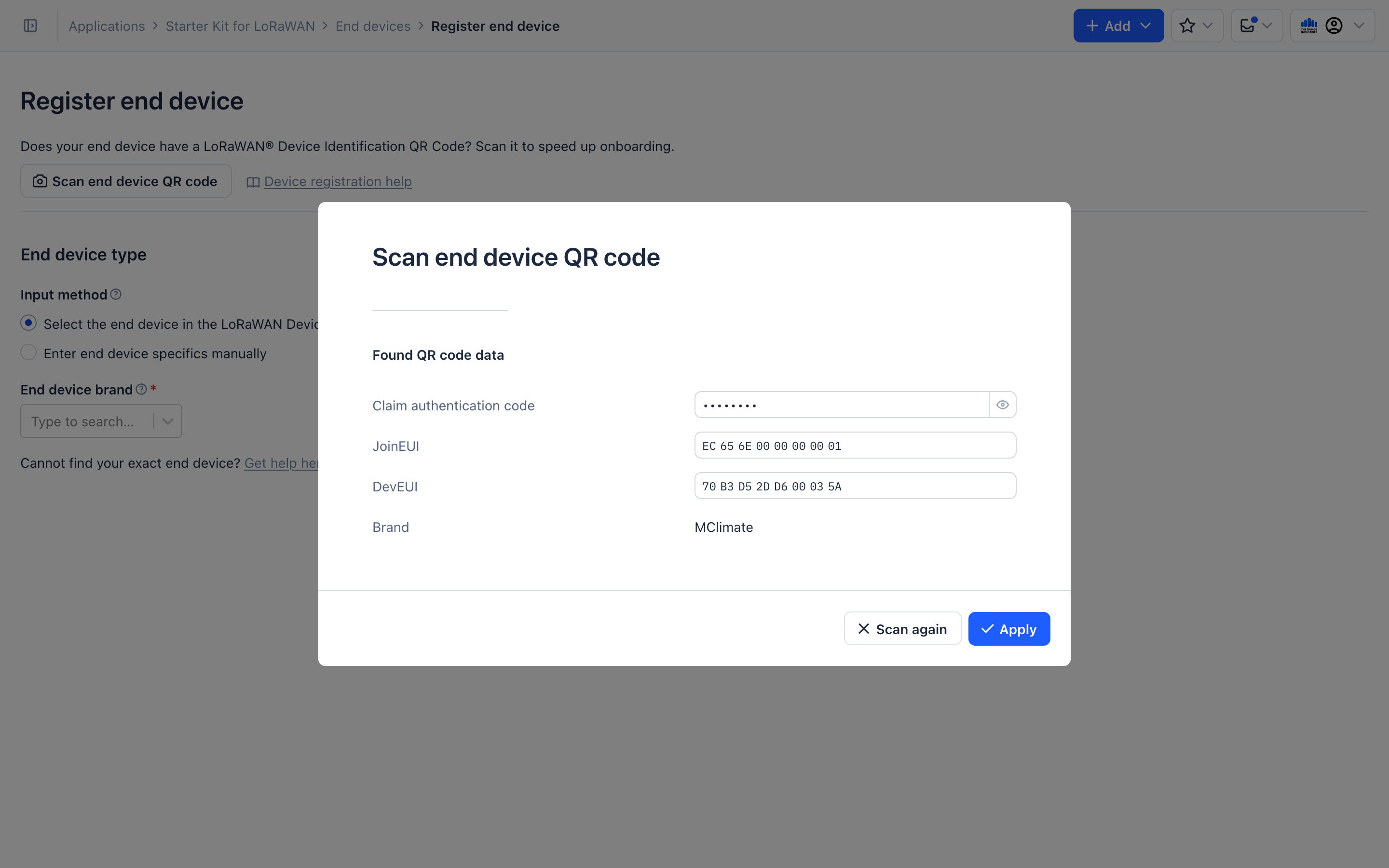 Scan end device QR code
