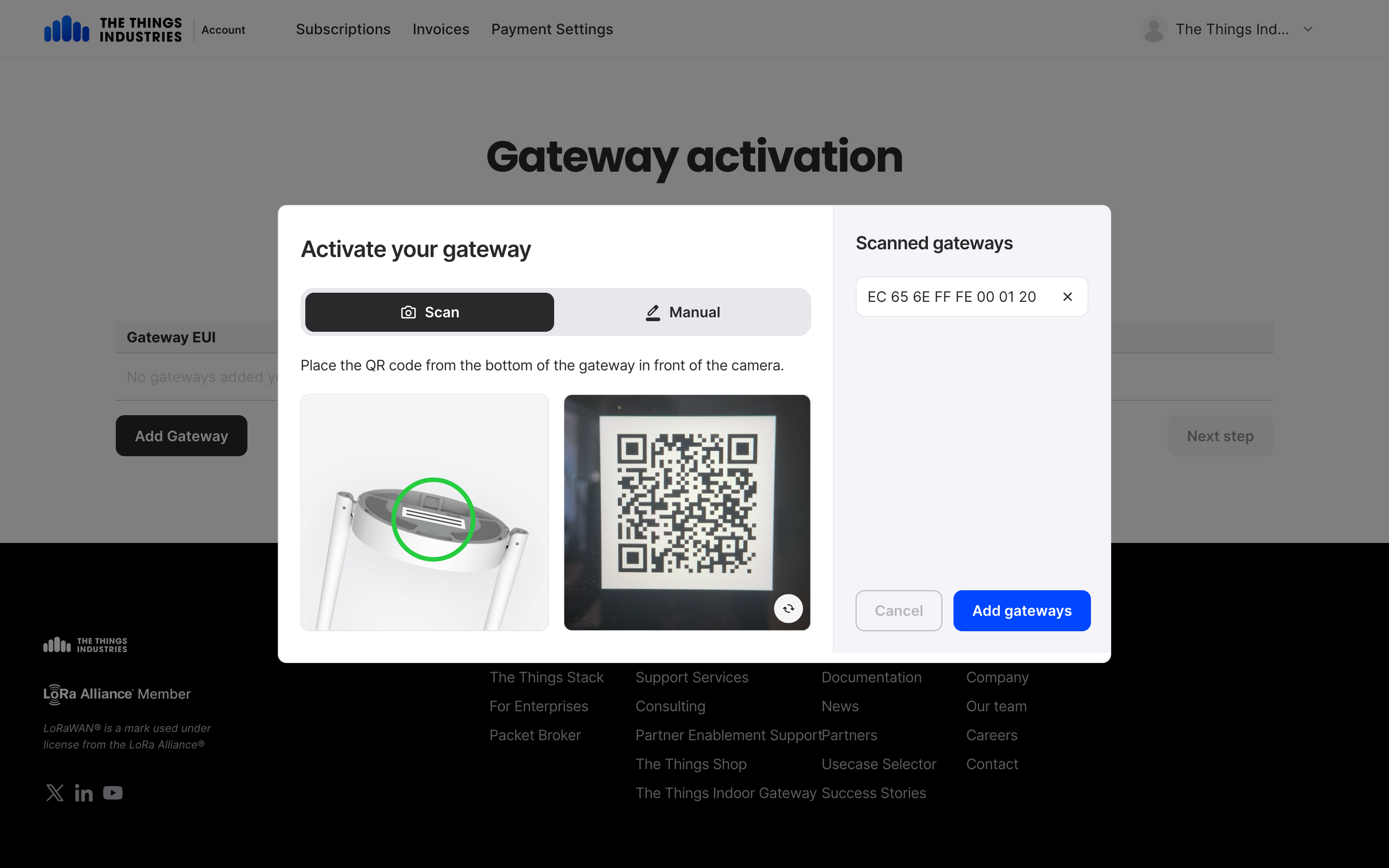 Add Gateway: scan QR or enter EUI and Owner Token